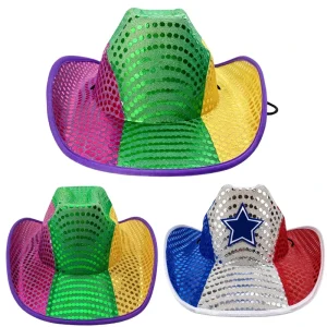 Soccer Fan Zone Shiny Sequin Colored Mardi Gras Cowboy Hat Mardi Gras Costume Accessory Costume Hat for Football Game