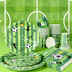 Soccer Game Disposable Tableware Set Green Striped Napkins Plates Eco-friendly for Home Viewing Parties 25 Guests