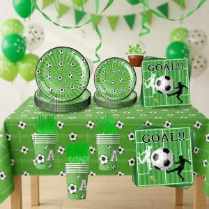 Soccer New Year Party Decorations Modern Sports Theme Disposable Eco Friendly Paper Dinnerware Sets 9 Inch Round Plates Napkins