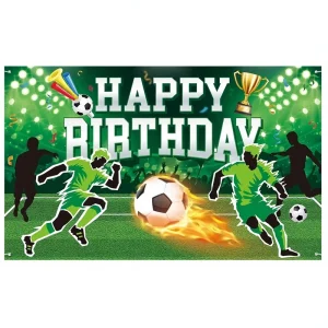 Soccer Themed Happy Birthday Backdrop Banner Green Football Field Player Silhouettes for Game Watching Banner Fan Party