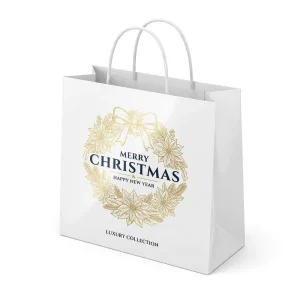 Soft Color White Kraft Christmas Bags Minimal Winter Scene Print Carry Tote Bags for Upscale Retail Holiday Packaging