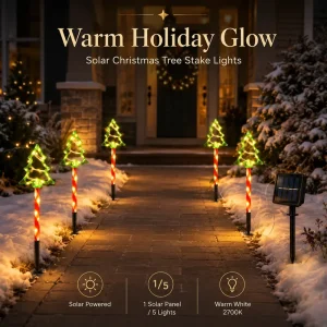 Solar LED Christmas Tree Candy Cane Stake Lights 1 Panel 5 Lights Warm White Dimmable Outdoor Pathway Garden Lawn