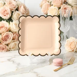 Solid Pink Gold Foil Scalloped Rim Square Luxury Wedding Event Bridal Shower Heavy Duty Catering Paper Plates