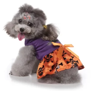 Solid Polyester Halloween Dog Dress Bound Armhole Elastic Rubber Belly Band Double Layer Skull Skirt Pet Witch Costume