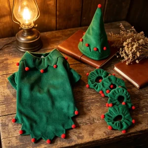Solid Winter Christmas Pet Dog Elf Costume Set Green Velvet Warm Clothes with Hat Leg Cuffs for Holiday Party Low MOQ