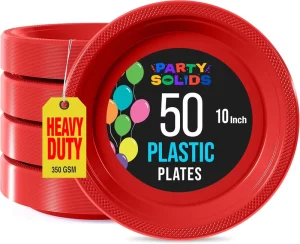 Solids Red Plastic Plates for Party Supplies 10″ Red Disposable Plates Heavy Duty 350 GSM Disposable Dinnerware Set