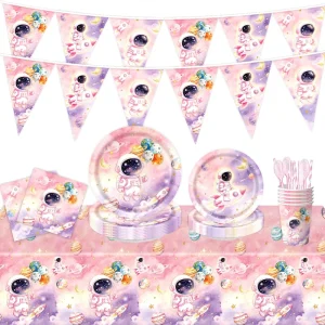 Space Themed Festive Disposable Paper Tableware Pink Astronaut style Party Decoration Set