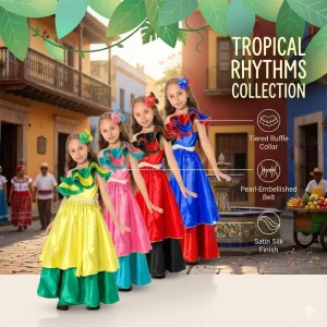 Spanish Flamenco Salsa Costume Ruffle Tiered Party Outfit for Kids Carnival & Halloween