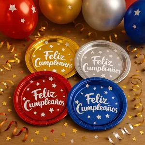 Spanish Happy Birthday 7inch Party Paper Plates in Red Blue Gold Silver Disposable Tableware Set for Kids & Adults
