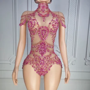 Sparkling Sequins Rhinestone Bodysuits Women Mesh See Through Dancer Leotard Stripper Festival Outfit Show Performance Rompers