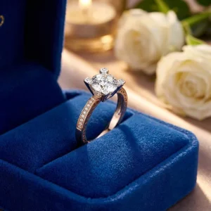 Sparkling Wedding Band with Paved Side Accent Stones Square Four Prong Main Stone Diamond Ring