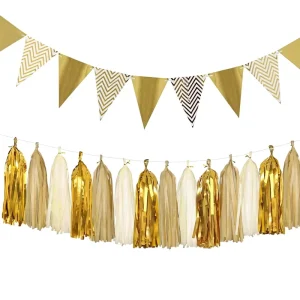 Sparkly Metallic Gold Paper Pennant Banner Triangle Flags Bunting 8.2 Feet Tassels Garland 15 Pcs Baby Shower Party