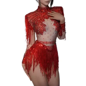 Sparkly Sequin Tassel Bodysuits Short Skirts Two Piece Set Festival Exotic Singer Dancer Outfits Women Stage Performance Costume