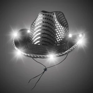 Sparkly Silver Glitter LED Cowboy Hat with White Lights Holographic Disco Party Hat for Concert Costume Accessories Bulk