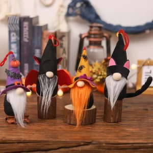 Spooky Halloween Desktop Decor Set Featuring Cartoon Bat Black Cat Forest Gnome Figurines for Party Scene