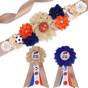 Sport Baby Shower Maternity Sash Kit Soccer Basketball Baseball Belly Belt Mom to Be and Dad to Be Baby Shower Corsage Pins