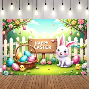 Spring Easter Backdrop Garden Easter Rabbit Eggs Floral Backdrop Green Lawn Fence Background Birthday Party Decoration
