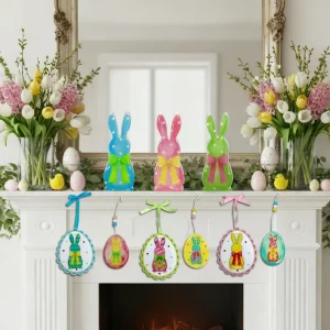 Spring Easter Bunny Wooden Colorful Hanging Pendants Ornaments Set Waterproof Durable Outdoor Decoration Easter