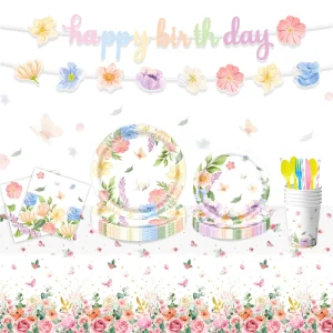 Spring Floral Party Disposable Tableware Round Paper Plates Cups Wildflowers Design Festive Tableware Set Party Decoration Set