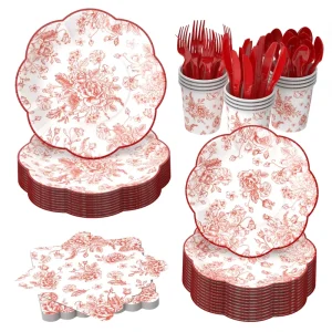 Spring Red Rose Flower Disposable Paper Tableware Set Chinese Style 4 Color Printed Party Table Decoration