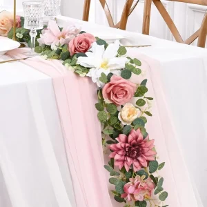Spring Tabletop Rattan Decoration Artificial Dahlia Rose Vine Home Decor Wedding Valentine’s Day Table Runner