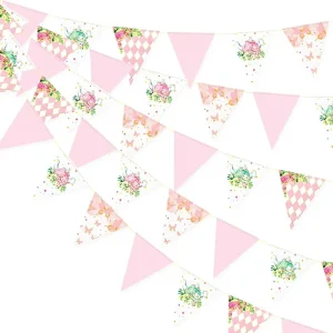 Spring Tea Party Decorations Pink Gold Floral Butterfly Plaid Cardstock Thread Triangle Pennant Banner for Multi Occasion Use
