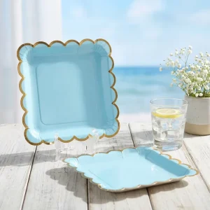 Square Light Blue Scalloped Gold Foil Edge Disposable Paper Plates Elegant Pastel Color Baby Shower Boy Birthday Tableware