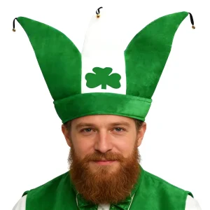 St Patrick’s Day Green Jester Hat with Shamrock Unisex Funny Costume Party Hat Velvet Irish Festival Carnival Hat Clown Costume
