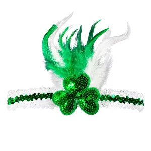 St. Patrick’s Day Green Shamrock Sequin Feather Headband Party Costume Hair Accessory for Carnival Parade