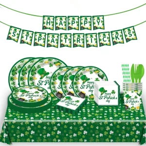 St. Patrick’s Day Shamrock Theme Disposable Tableware Kits Paper Plates Banners Napkin Set for Festive Holiday Party Supplies
