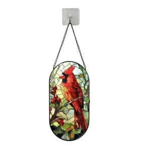 Stained Glass Red Bird Sun Catcher Round Hanging Ornament Window Decor