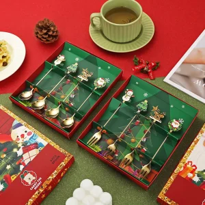 Stainless Steel 304 Christmas Spoon and Fork Tableware Set, Mirror Polished Cartoon Gift Box
