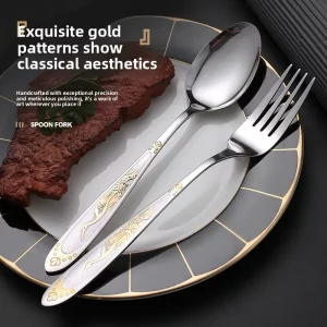 Stainless Steel Fork Spoon Set Kitchen Tableware Brushed Finish New Chinese Style for Fruit Instant Noodles High Color Value