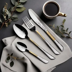 Stainless Steel Gold Plated Laser Pattern Light Luxury Retro Design Knife Spoon Fork Spoon Tableware for Western Hotel Use