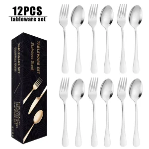 Stainless Steel Metal Tableware Set Fork Spoon 6-8 People Modern Simplicity Design Mirror Polished Finish for Weddings Festivals