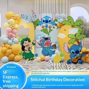 Stitch Themed KT Board Latex Balloon Set Digital Printed Backdrop Boys 10 Years Old Birthday Party All in one Decor Kit