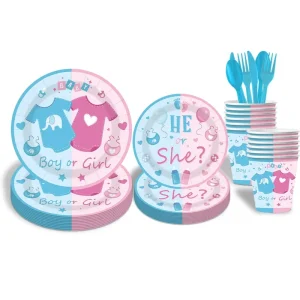 Stock Gender Reveal Theme Party Boys Girls Tableware Set Paper Cups Tissue Flags Tablecloth Balloon Decorations