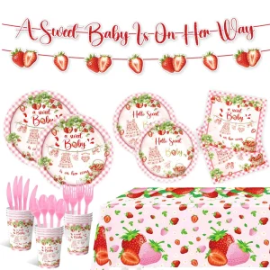 Strawberry Baptism Theme Party Decoration Baby Shower Birthday Tableware Supplies Paper Plates Cups Tablecloth Banner