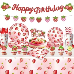 Strawberry Disposable Paper Tableware Set for Birthday Christmas Halloween Festival Party Decorations