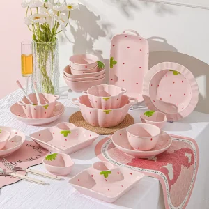Strawberry Fruit Pattern Ceramic Trendy Home Cute Tableware Set Creative High Value Dish Set Plates Rice Bowls Microwave Safe