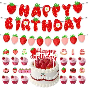 Strawberry Party Theme Birthday Decoration Paper Flag Pulling Flower Cake Small Plaque Display Straw Party Supplies
