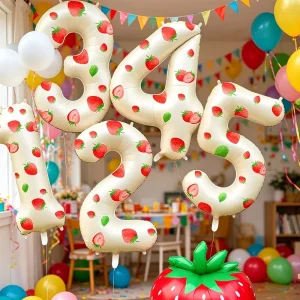 Strawberry Print Number Foil Balloons Fruit Themed Kids Birthday Party Decor Globos