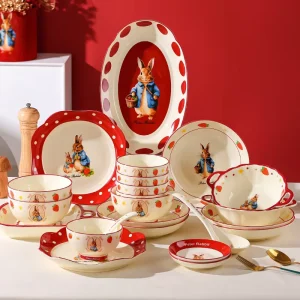 Strawberry Rabbit Design Luxury Underglaze Color Elegant Retro Ceramic Plate Tableware Set