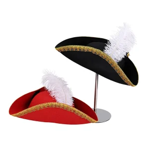 Striped-brimmed Captains Cap Feather-Accented Halloween Costume Hat for Parties Masquerades 100% Cotton 56-58cm Head
