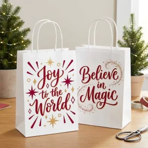 Stylish White Kraft Christmas Hand Bags Soft Tone Xmas Decor Print Recyclable Bags for Premium Holiday Packaging