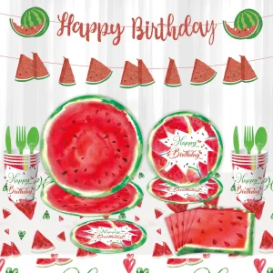 Summer Cool Watermelon Themed Birthday Party Decorations 137 Piece Disposable Paper Plates Fresh Breeze Style