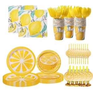 Summer Fruit Theme Yellow Lemon Disposable Tableware Set for Birthday Parties Paper Plates Banner Tablecloth Decorations