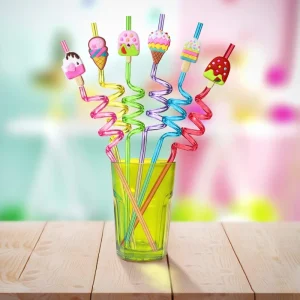 Summer Ice Cream Shaped Plastic Artistic Shapes Reusable Straws for Kids Birthday Party Decorations Supplies