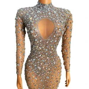 Summer Sparkly Silver Pearls Rhinestone Dance Costumes for Women Clothing Nightclub Singer Evening Vestidos De Gala