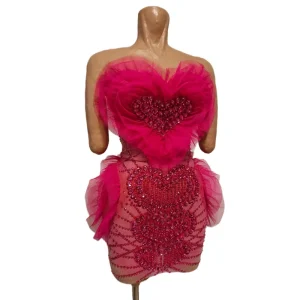 Sweetheart Ruffles Birthday Cocktail Prom Rhinestone Dress Women Evening Mini Dress Nightclub Party Singer Stage Clothes
